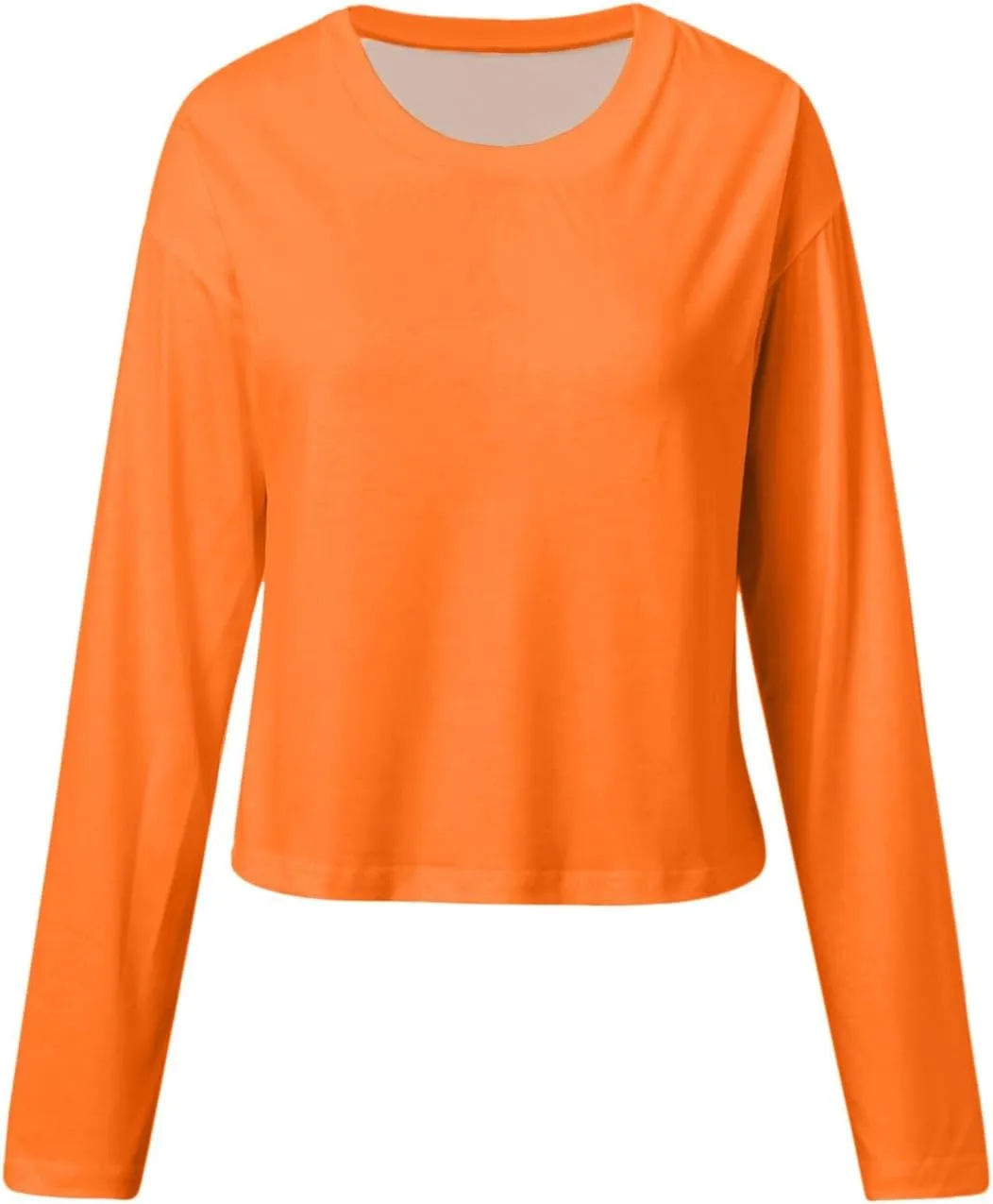 Womens Long Sleeve Cropped T-Shirts Round Neck Drop Shoulder Crop Sweatshirts Solid Casual Crop Tops