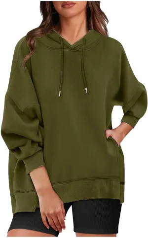 Womens Long Sleeve Tops Drawstring Pullover Tops Fall Lightweight Hoodies Loose Fit Business Casual Clothes Fall
