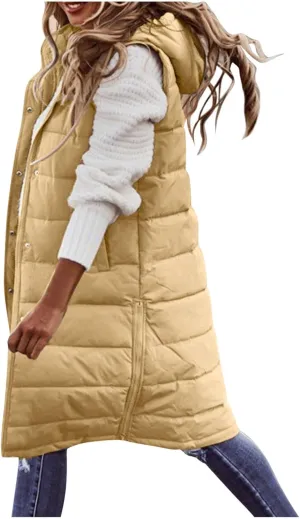 Women'S Long Vest Sleeveless Puffer Jacket Lightweight Hooded Down Outerwear Coat Quilted Vest With Hood Jacket