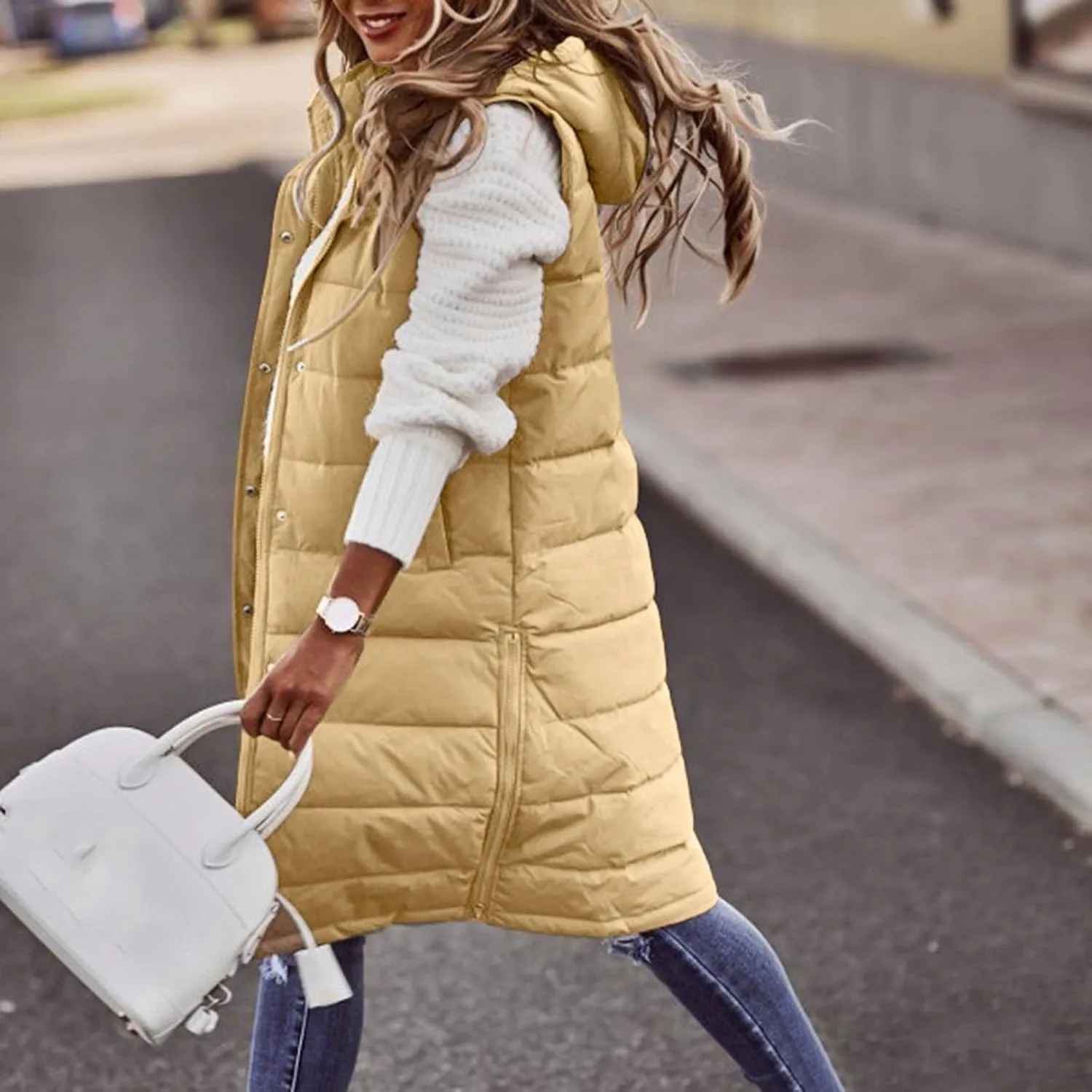 Women'S Long Vest Sleeveless Puffer Jacket Lightweight Hooded Down Outerwear Coat Quilted Vest With Hood Jacket