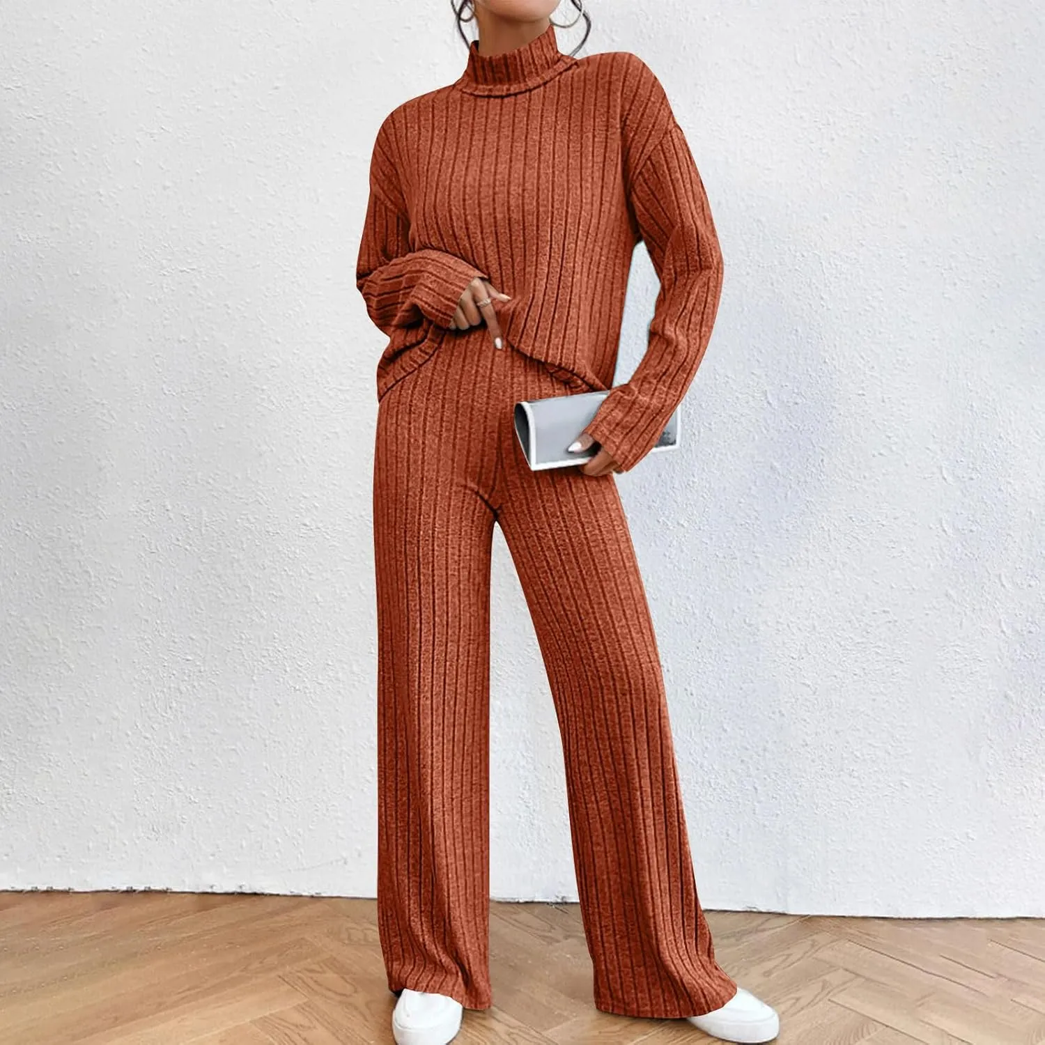 Womens Lounge Sets Solid 2 Piece Outfits with Long Sleeve Tops and Wide Leg Sweatpants Loose Fit Casual Set