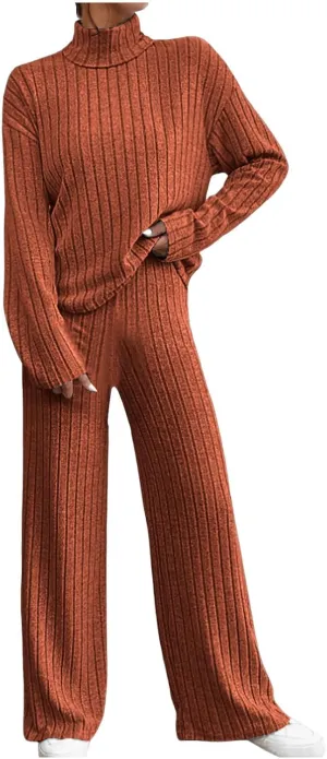 Womens Lounge Sets Solid 2 Piece Outfits with Long Sleeve Tops and Wide Leg Sweatpants Loose Fit Casual Set