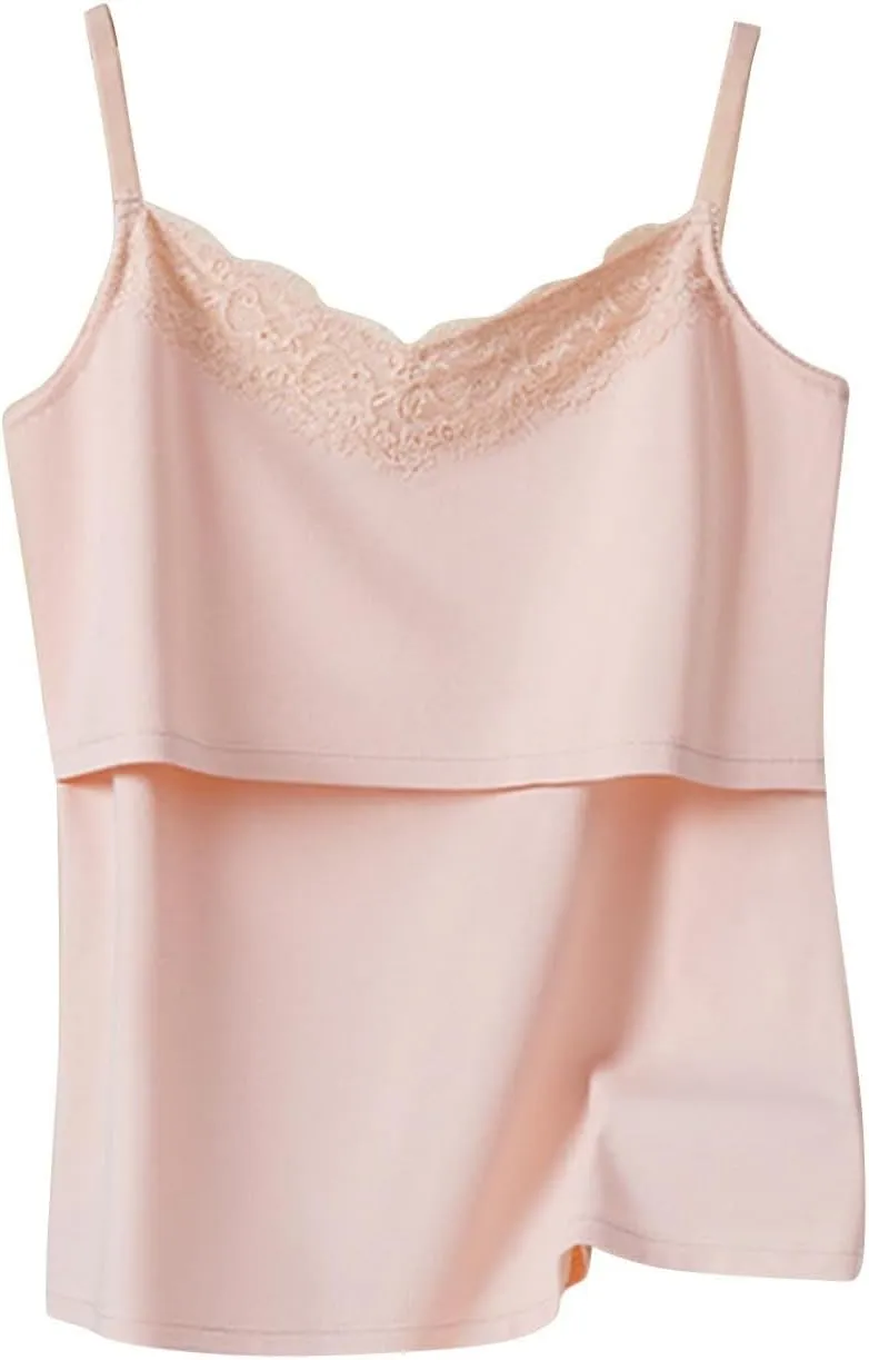 Womens Maternity Nursing Tank Tops Lace V-Neck Cotton Camisole for Breastfeeding with Spaghetti Straps