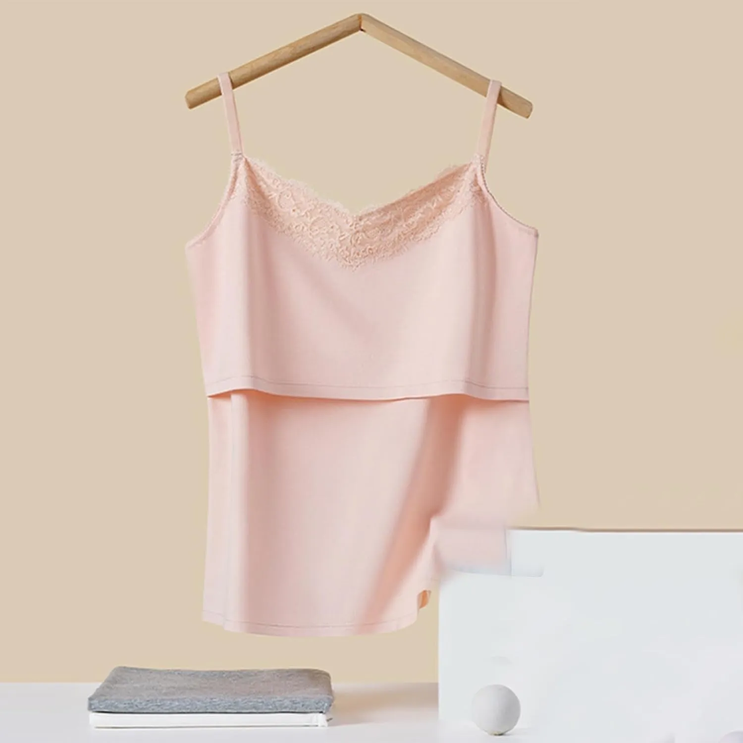 Womens Maternity Nursing Tank Tops Lace V-Neck Cotton Camisole for Breastfeeding with Spaghetti Straps