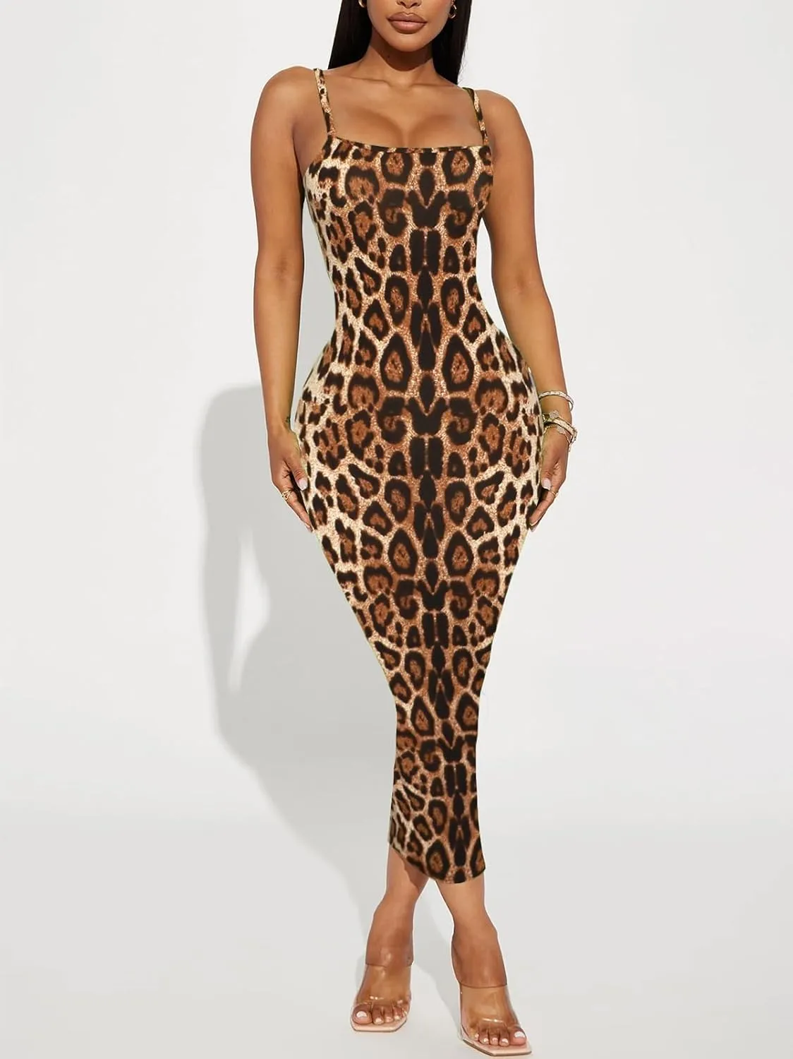 Women's Midi Bodycon Tight Dress - Spaghetti Strap Summer Casual Leopard Cheeath Print Club Party Long Fitted Slip Dresses