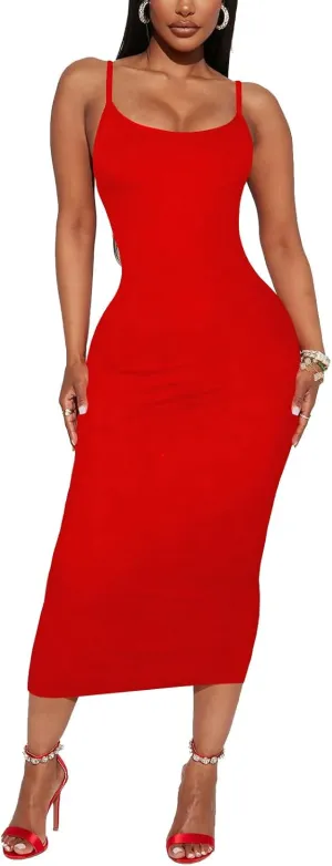 Women's Midi Bodycon Tight Dress - Spaghetti Strap Summer Casual Leopard Cheeath Print Club Party Long Fitted Slip Dresses