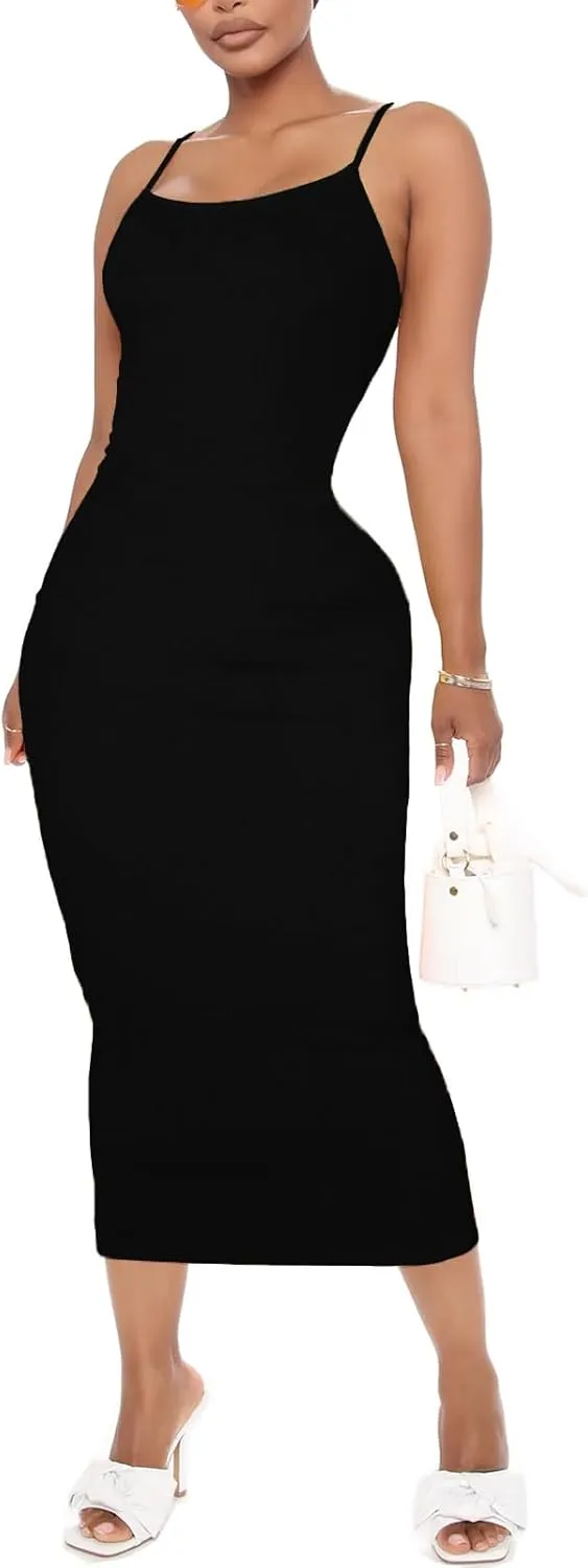Women's Midi Bodycon Tight Dress - Spaghetti Strap Summer Casual Leopard Cheeath Print Club Party Long Fitted Slip Dresses