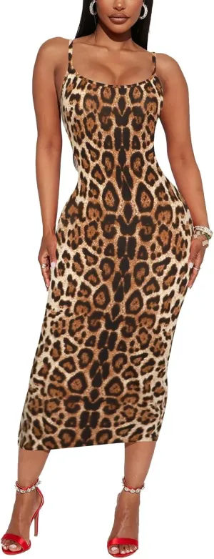 Women's Midi Bodycon Tight Dress - Spaghetti Strap Summer Casual Leopard Cheeath Print Club Party Long Fitted Slip Dresses