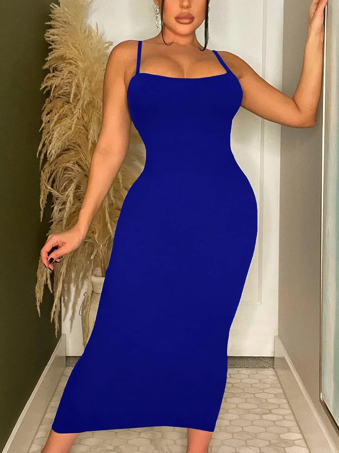 Women's Midi Bodycon Tight Dress - Spaghetti Strap Summer Casual Leopard Cheeath Print Club Party Long Fitted Slip Dresses
