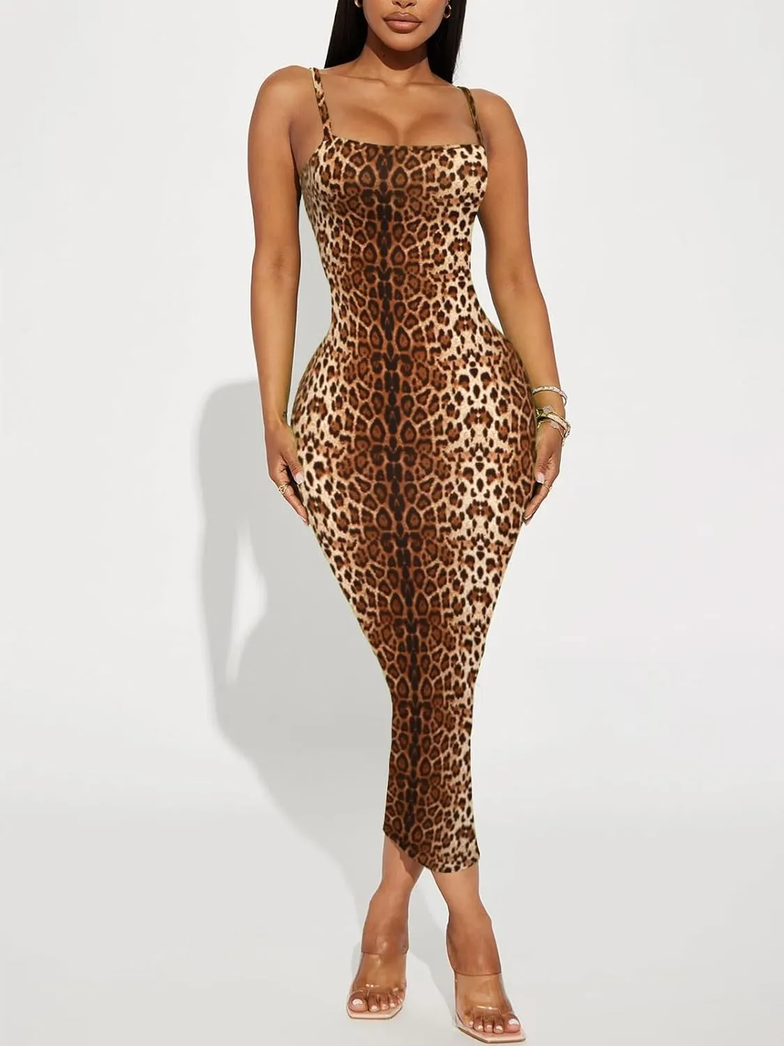 Women's Midi Bodycon Tight Dress - Spaghetti Strap Summer Casual Leopard Cheeath Print Club Party Long Fitted Slip Dresses