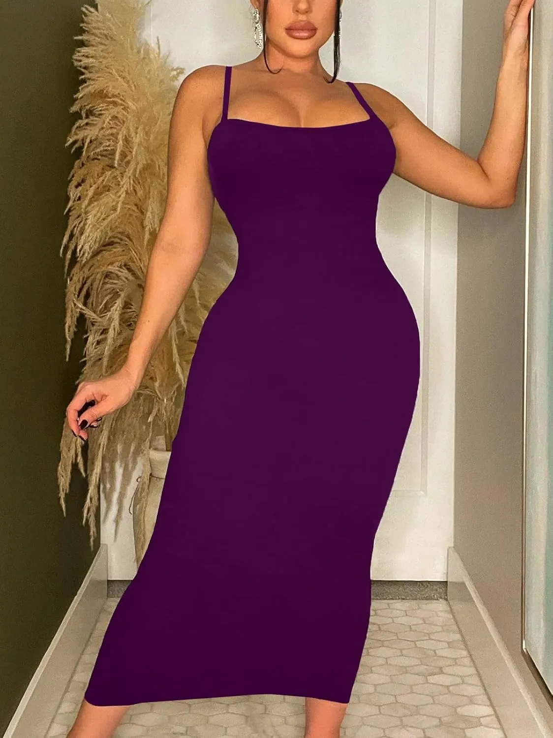Women's Midi Bodycon Tight Dress - Spaghetti Strap Summer Casual Leopard Cheeath Print Club Party Long Fitted Slip Dresses