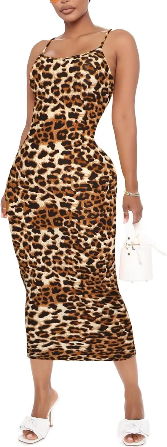 Women's Midi Bodycon Tight Dress - Spaghetti Strap Summer Casual Leopard Cheeath Print Club Party Long Fitted Slip Dresses