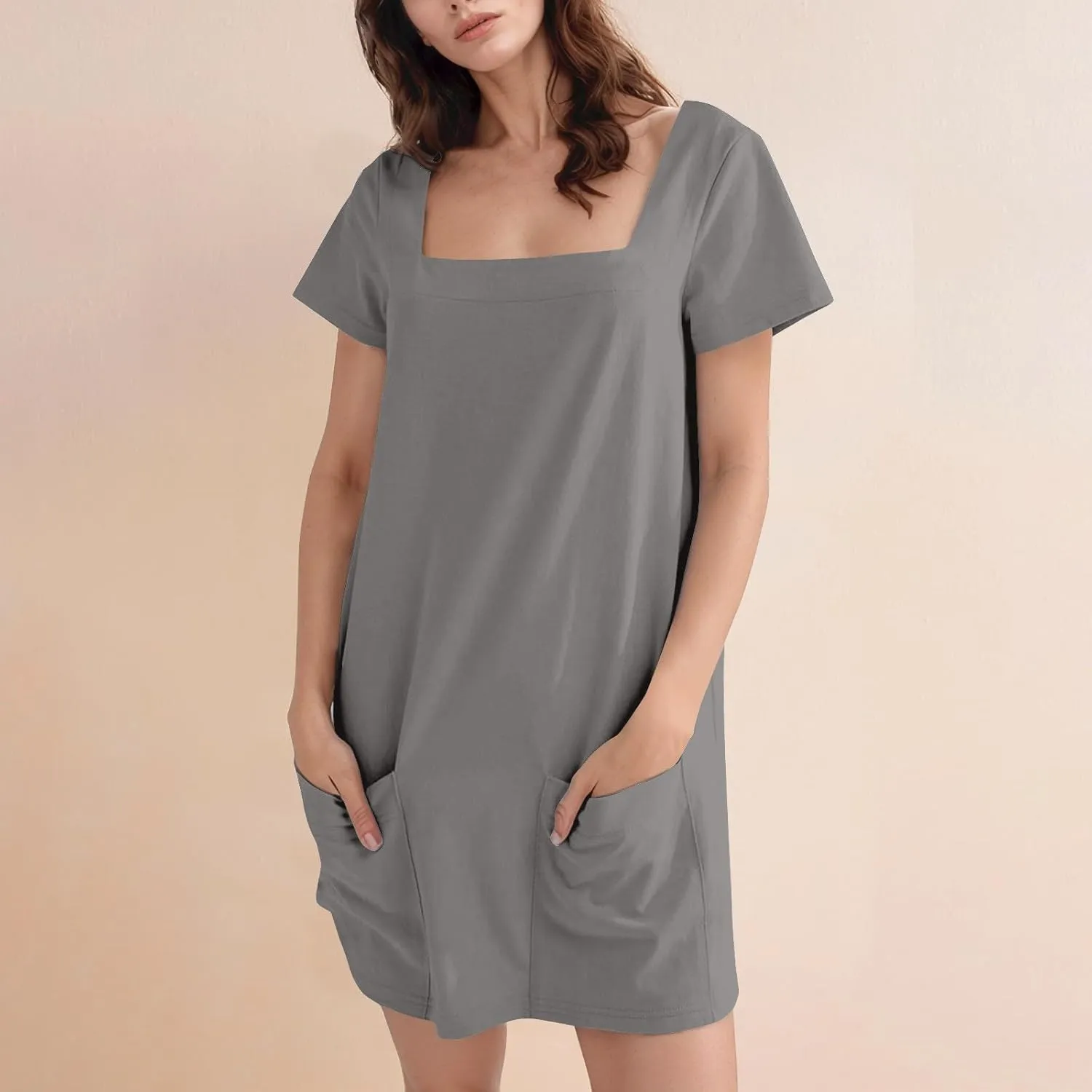 Womens Mini Dress Summer Square Neck Short Sleeve Shift Tshirt Dress Casual Cute Beach Vacation Dress with Pockets