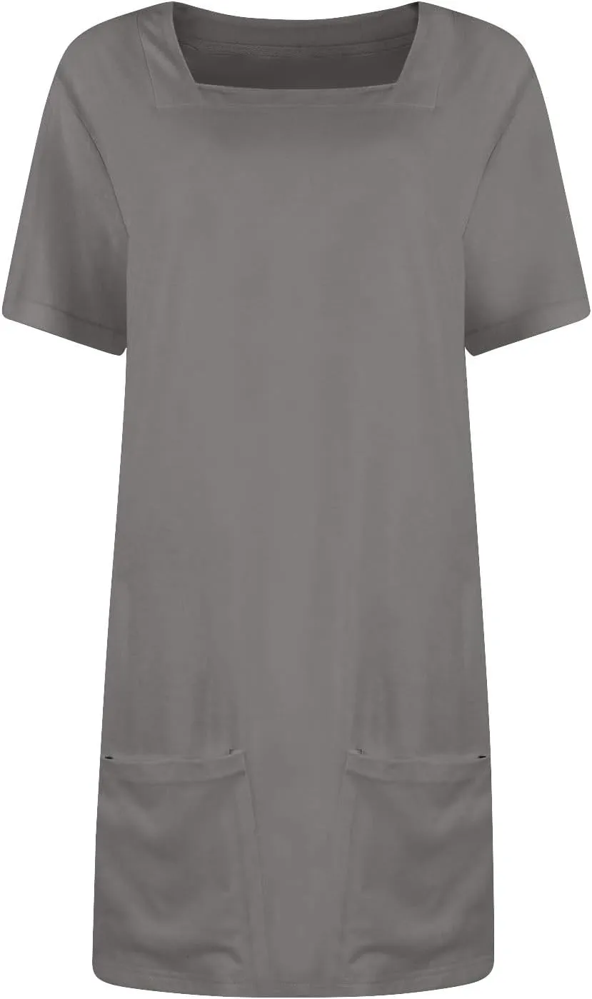 Womens Mini Dress Summer Square Neck Short Sleeve Shift Tshirt Dress Casual Cute Beach Vacation Dress with Pockets