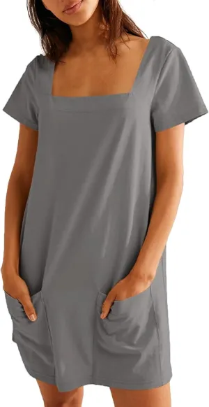 Womens Mini Dress Summer Square Neck Short Sleeve Shift Tshirt Dress Casual Cute Beach Vacation Dress with Pockets