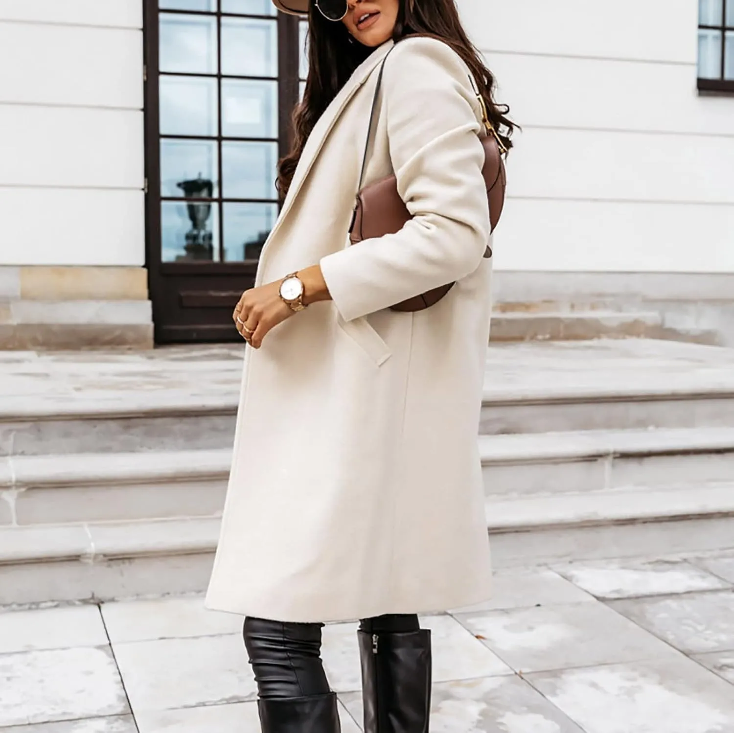 Women's Notched Lapel Wool Coat Single Breasted Pea Coat Winter Wool Blend Blazer Jacket Fashion Work Solid Overcoat