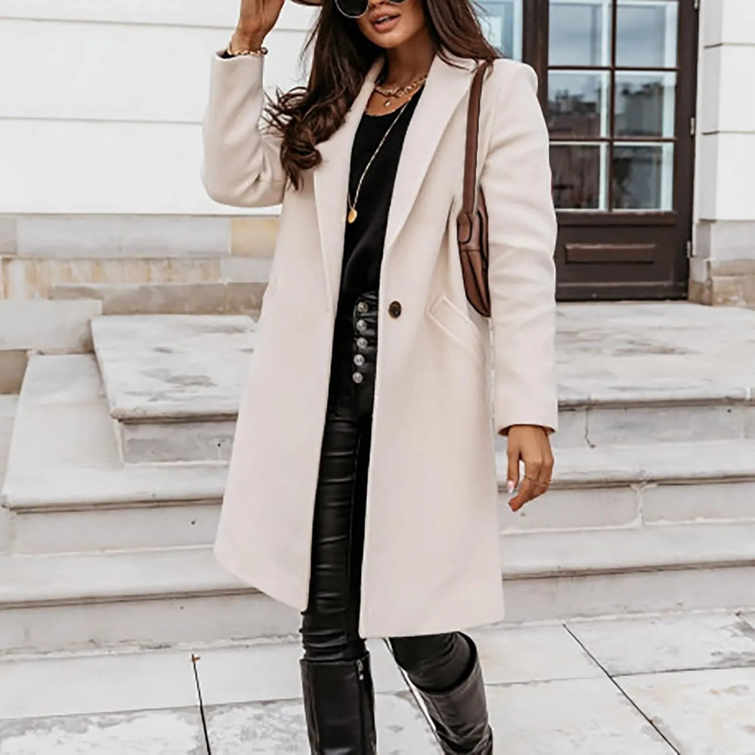 Women's Notched Lapel Wool Coat Single Breasted Pea Coat Winter Wool Blend Blazer Jacket Fashion Work Solid Overcoat