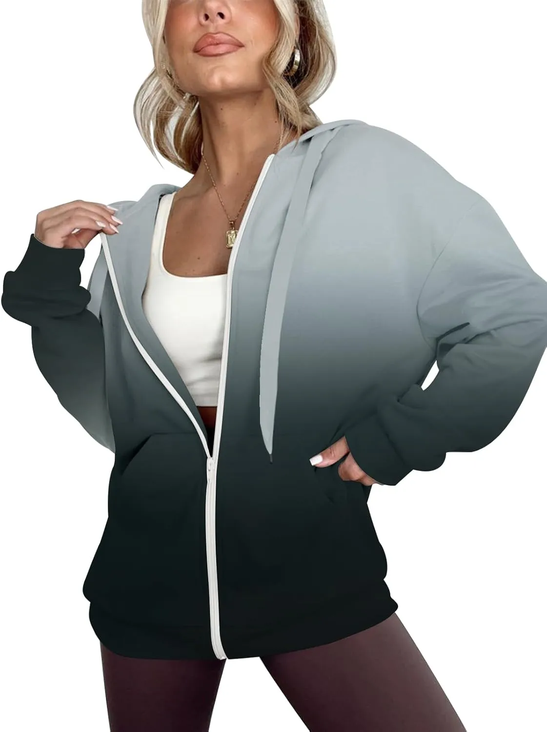 Women's Oversized Lightweight Hoodies for Women Full Zip Up Long Sleeve Drawstring Jackets