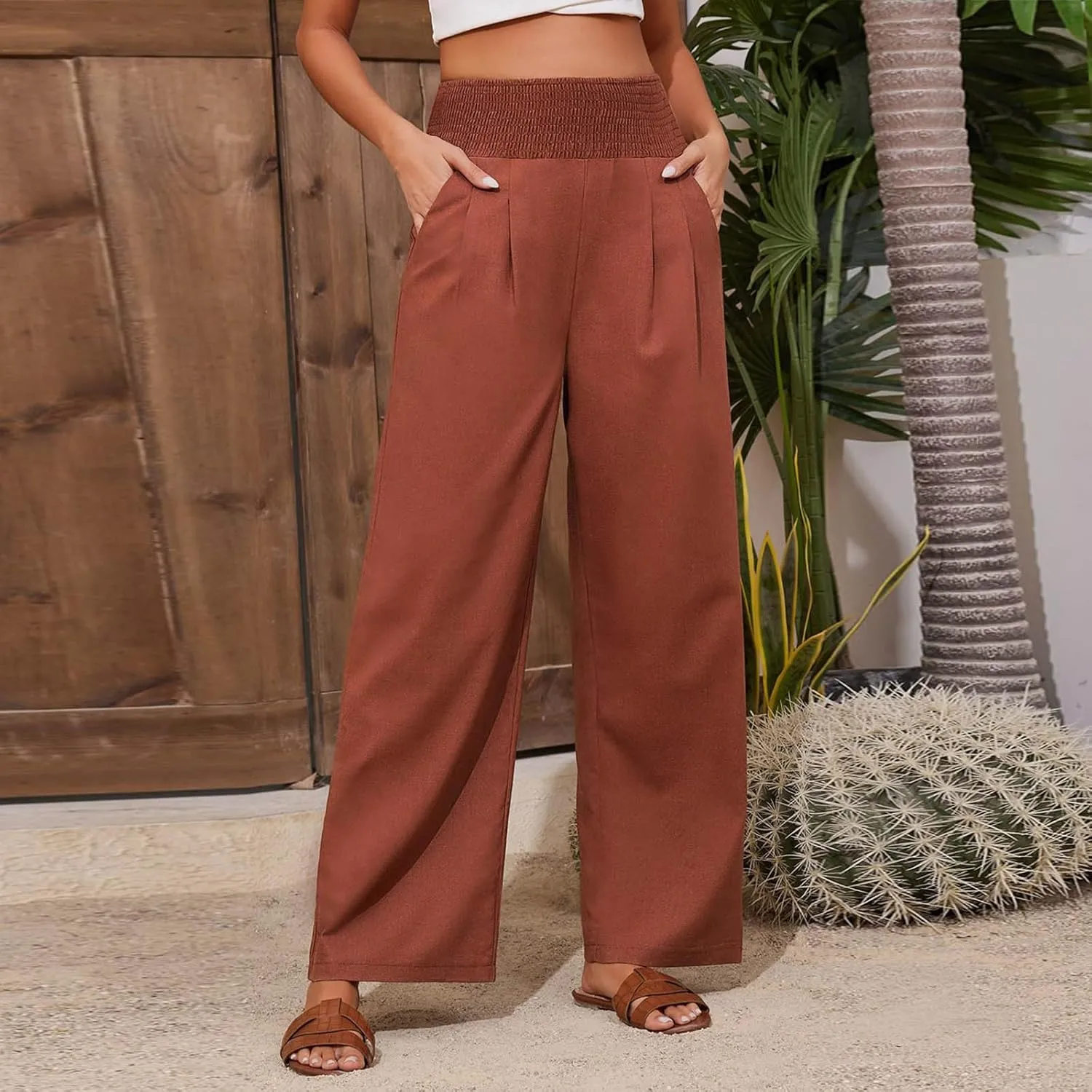 Womens Pants Dressy Casual Wide Leg Trousers High Waist Baggy Straight Leg Bottoms Beach Comfy Solid Pant with Pockets