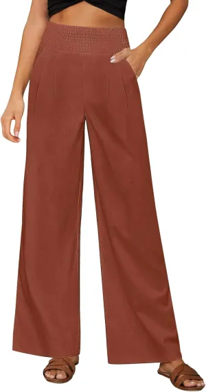 Womens Pants Dressy Casual Wide Leg Trousers High Waist Baggy Straight Leg Bottoms Beach Comfy Solid Pant with Pockets