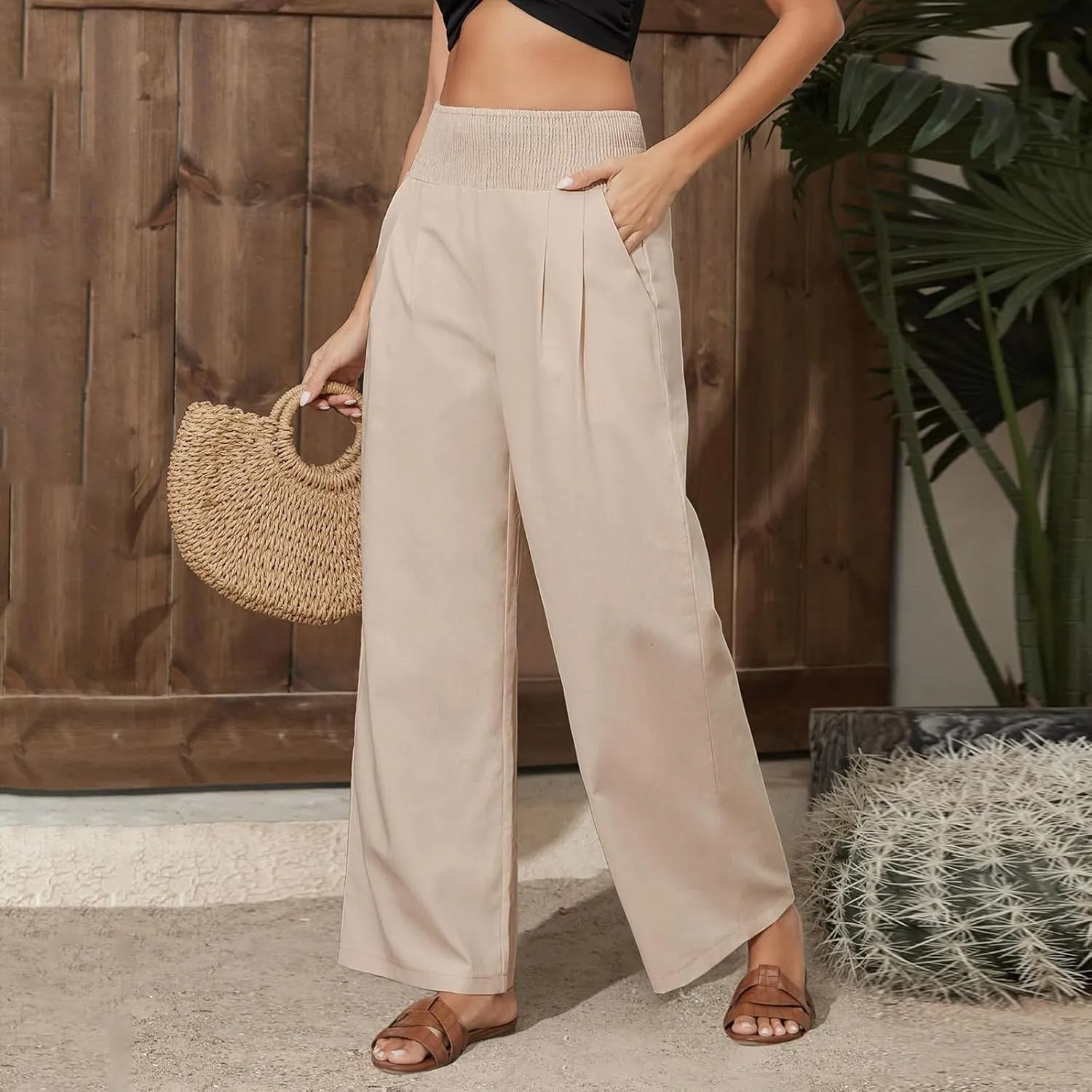 Womens Pants Dressy Casual Wide Leg Trousers High Waist Baggy Straight Leg Bottoms Beach Comfy Solid Pant with Pockets