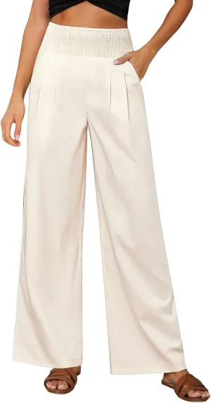 Womens Pants Dressy Casual Wide Leg Trousers High Waist Baggy Straight Leg Bottoms Beach Comfy Solid Pant with Pockets
