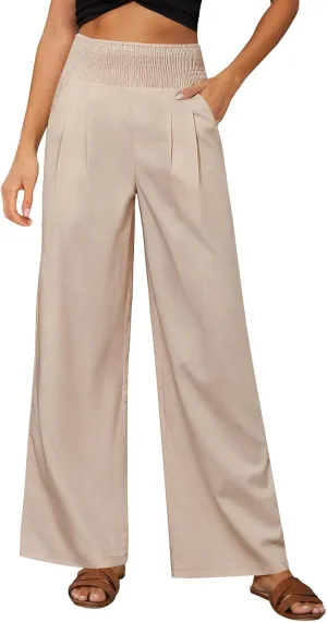 Womens Pants Dressy Casual Wide Leg Trousers High Waist Baggy Straight Leg Bottoms Beach Comfy Solid Pant with Pockets