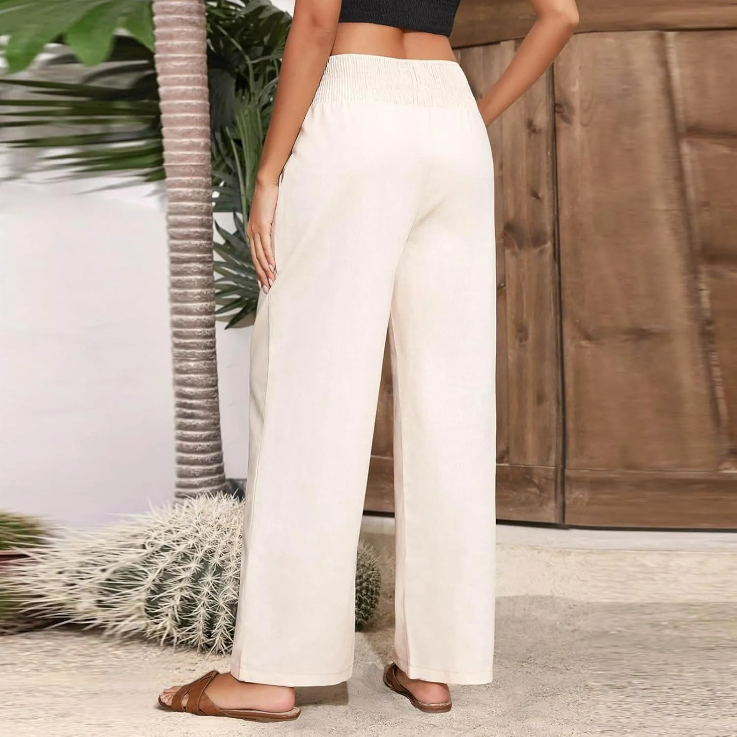 Womens Pants Dressy Casual Wide Leg Trousers High Waist Baggy Straight Leg Bottoms Beach Comfy Solid Pant with Pockets