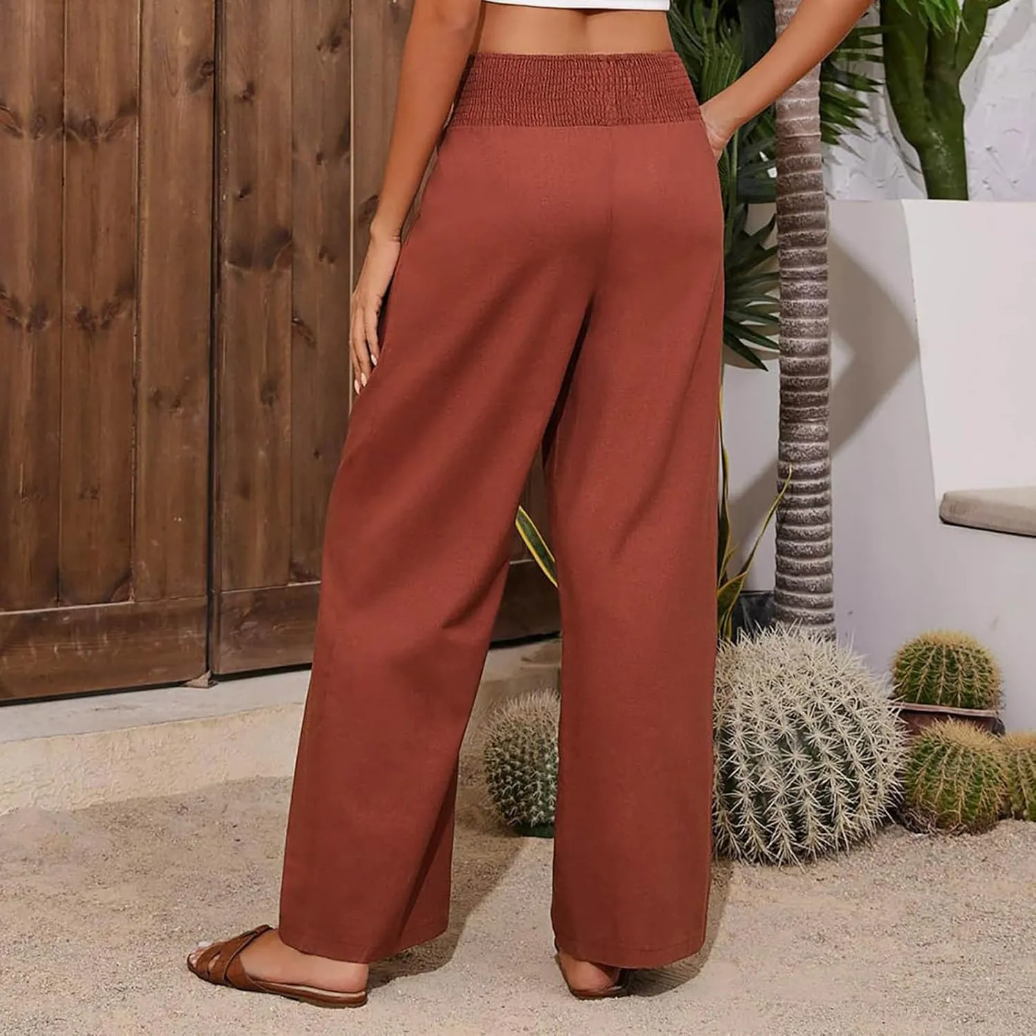 Womens Pants Dressy Casual Wide Leg Trousers High Waist Baggy Straight Leg Bottoms Beach Comfy Solid Pant with Pockets