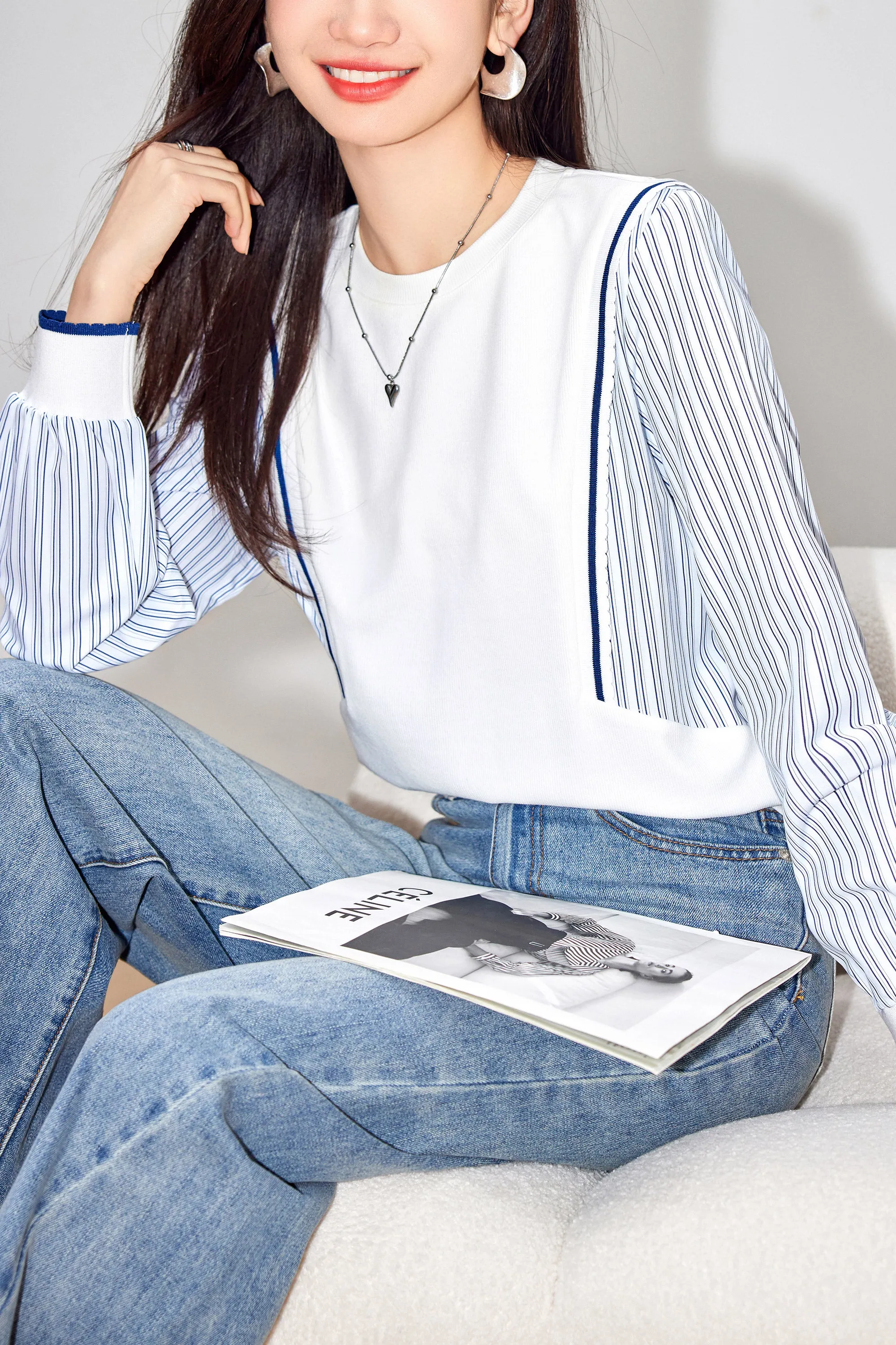 Women's Patchwork Shirt Long Sleeve Stripe Pullover Blouse Tops