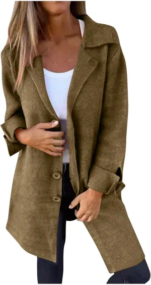 Womens Pea Coat 2024 Fall Winter Woolen Blend Button Down Trench Coat with Pockets Dressy Casual Lapel Trench Coats
