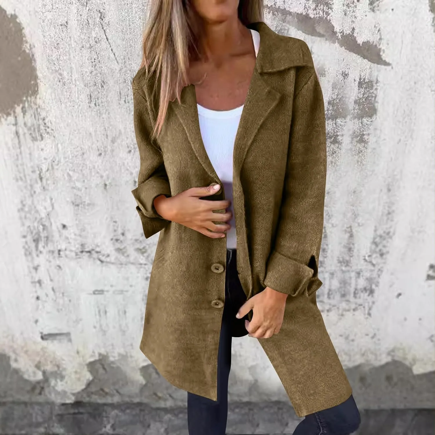 Womens Pea Coat 2024 Fall Winter Woolen Blend Button Down Trench Coat with Pockets Dressy Casual Lapel Trench Coats