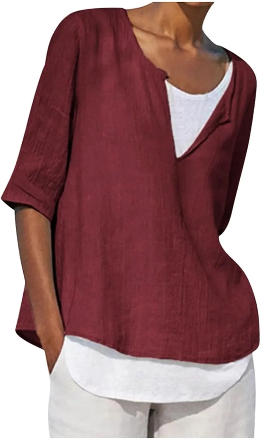 Women's Plus Size Linen Shirts V Neck Summer Tops 3/4 Sleeve Casual Blouses Loose Fit Tunic Tops Solid Comfy Tshirts