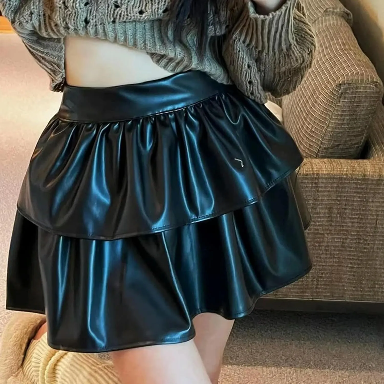 Women's PU High Waist Pleated Mini Skirts Flared Short Skirt Nightclub Festival Rave Outfits-Black-L