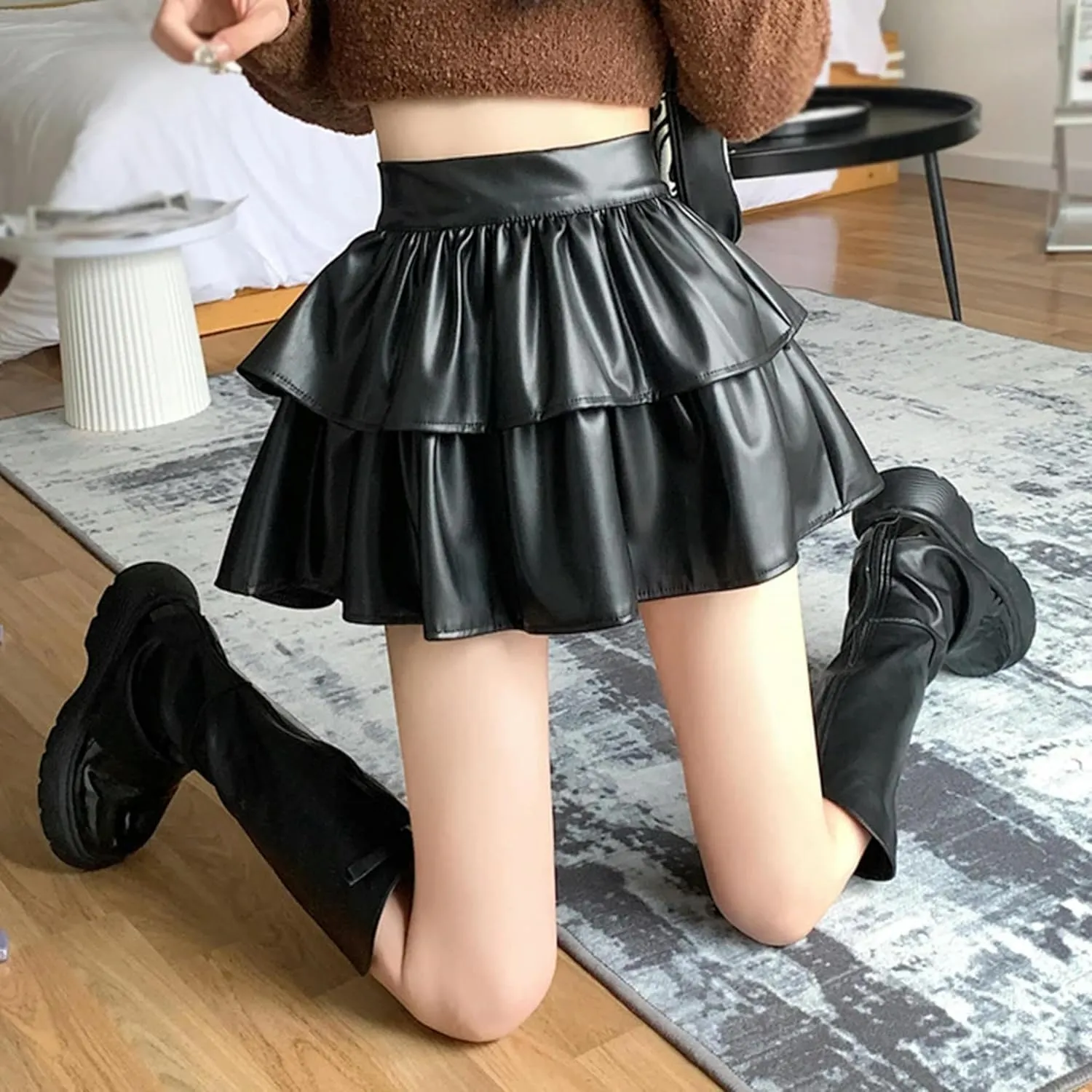 Women's PU High Waist Pleated Mini Skirts Flared Short Skirt Nightclub Festival Rave Outfits-Black-L