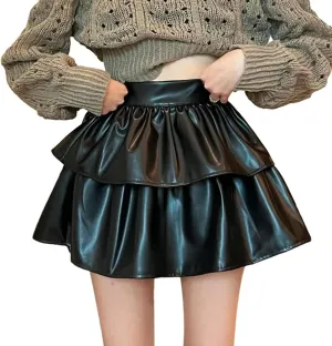 Women's PU High Waist Pleated Mini Skirts Flared Short Skirt Nightclub Festival Rave Outfits-Black-L