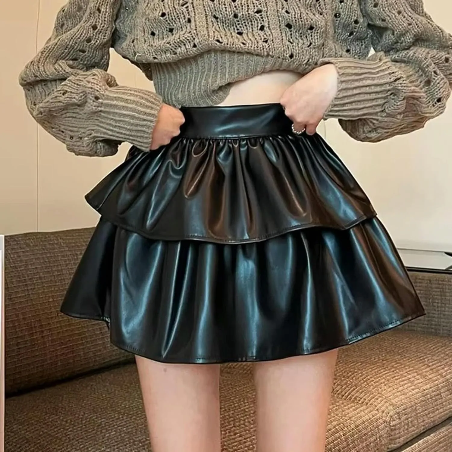 Women's PU High Waist Pleated Mini Skirts Flared Short Skirt Nightclub Festival Rave Outfits-Black-L