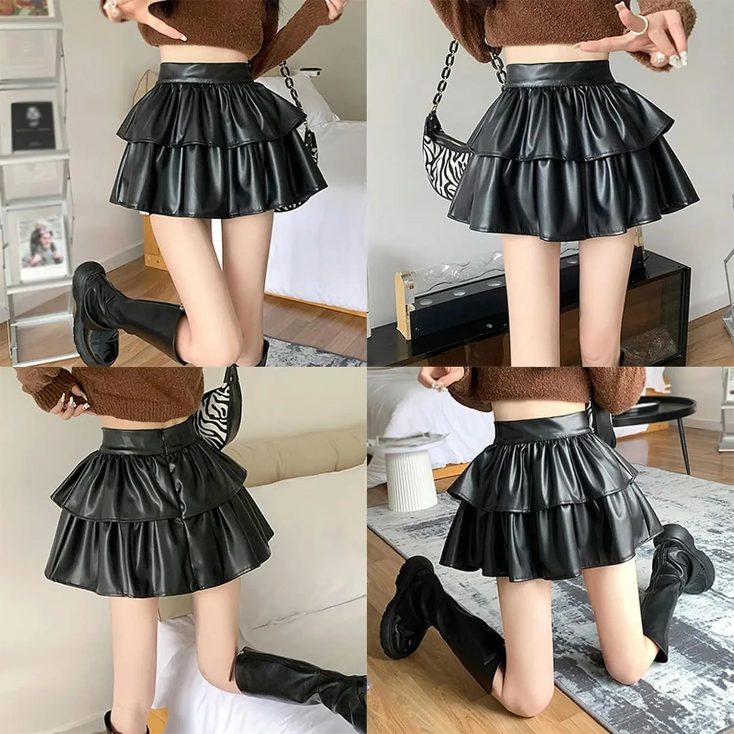 Women's PU High Waist Pleated Mini Skirts Flared Short Skirt Nightclub Festival Rave Outfits-Black-L
