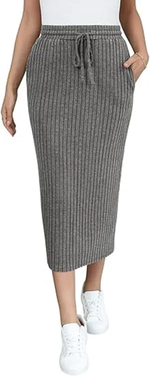 Women's Ribbed Knit Office Pencil Skirt Elastic High Waist Slit Solid Skirts Casual Fashion Elegant Bodycon Skorts
