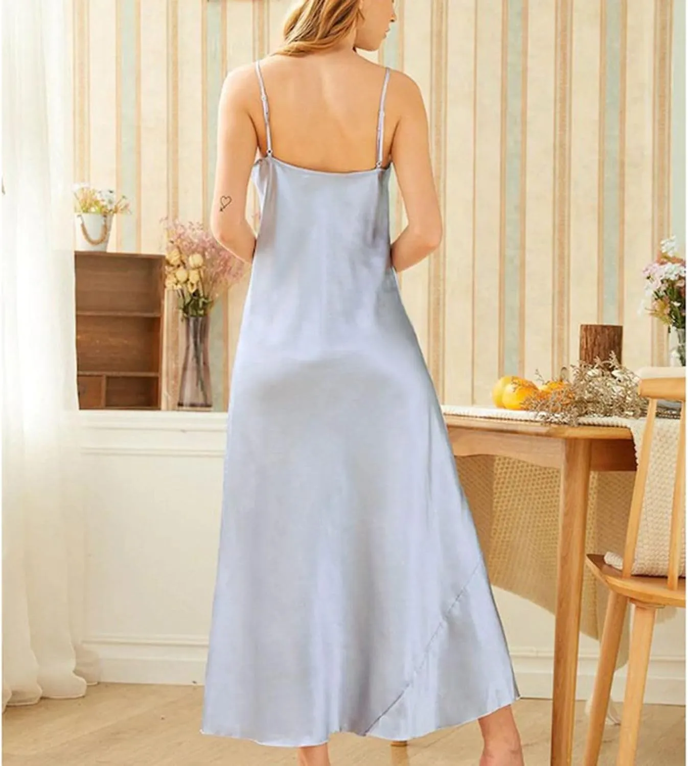 Women's Satin Nightgown Silky Lace V-Neck Slim Fit Long Sleep Dress Spaghetti Straps Spring Summer Sleepwear