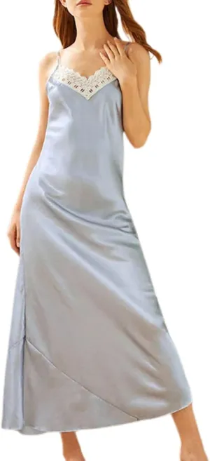 Women's Satin Nightgown Silky Lace V-Neck Slim Fit Long Sleep Dress Spaghetti Straps Spring Summer Sleepwear
