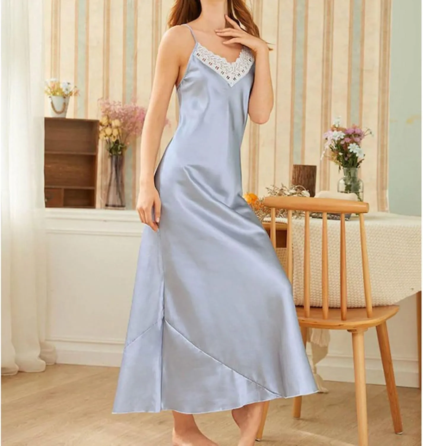 Women's Satin Nightgown Silky Lace V-Neck Slim Fit Long Sleep Dress Spaghetti Straps Spring Summer Sleepwear