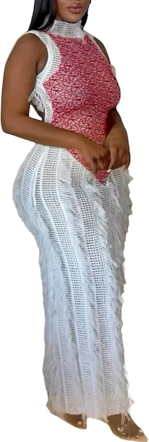 Womens Sexy Fringe Bodycon Dress Summer Backless Sleeveless Patchwork Hollow Out Long Maxi Dresses Nigh Out
