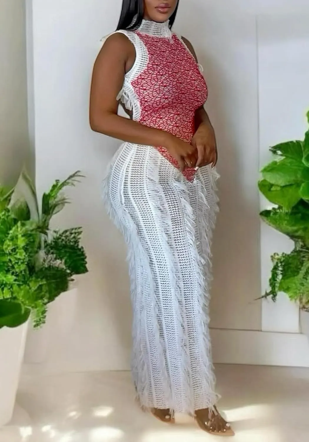 Womens Sexy Fringe Bodycon Dress Summer Backless Sleeveless Patchwork Hollow Out Long Maxi Dresses Nigh Out