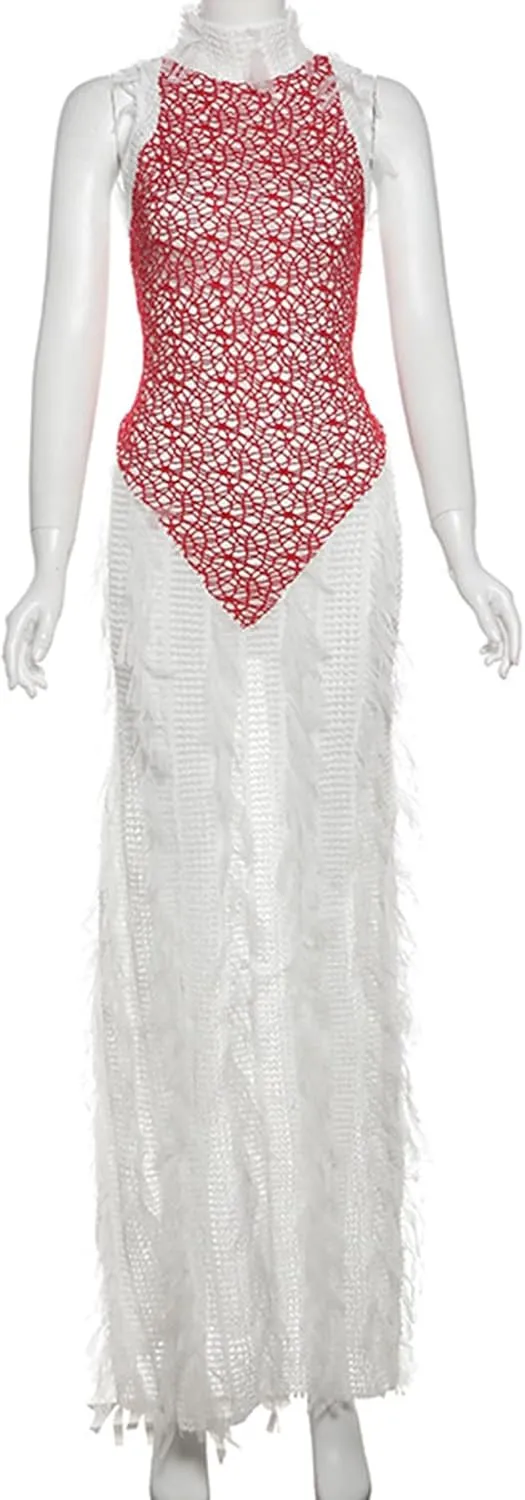 Womens Sexy Fringe Bodycon Dress Summer Backless Sleeveless Patchwork Hollow Out Long Maxi Dresses Nigh Out