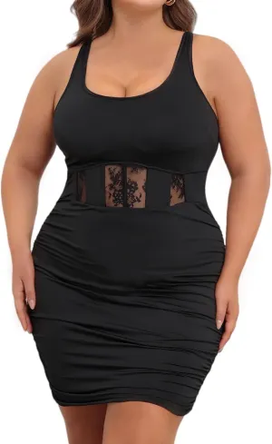 Women's Sexy Ruched Bodycon Midi Slip Dresses for Curvy Women Sleeveless Square Neck Plus Size Party Dress