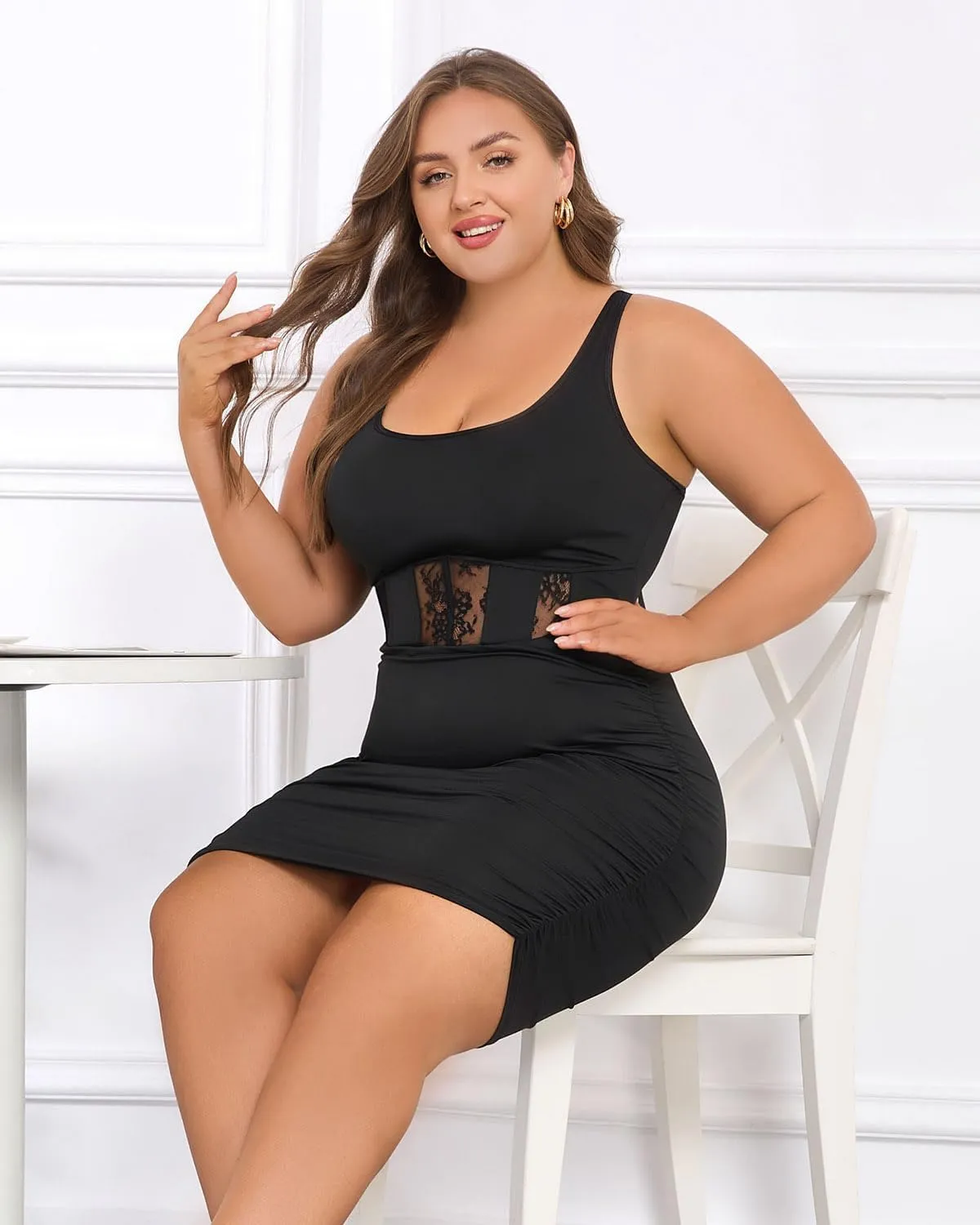 Women's Sexy Ruched Bodycon Midi Slip Dresses for Curvy Women Sleeveless Square Neck Plus Size Party Dress