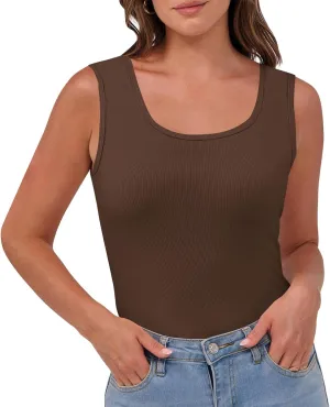 Women's Sleeveless Tank Tops Square Neck Ribbed Knit Tanks Slim Fit Basic Cami Shirts Workout Exercise Clothes
