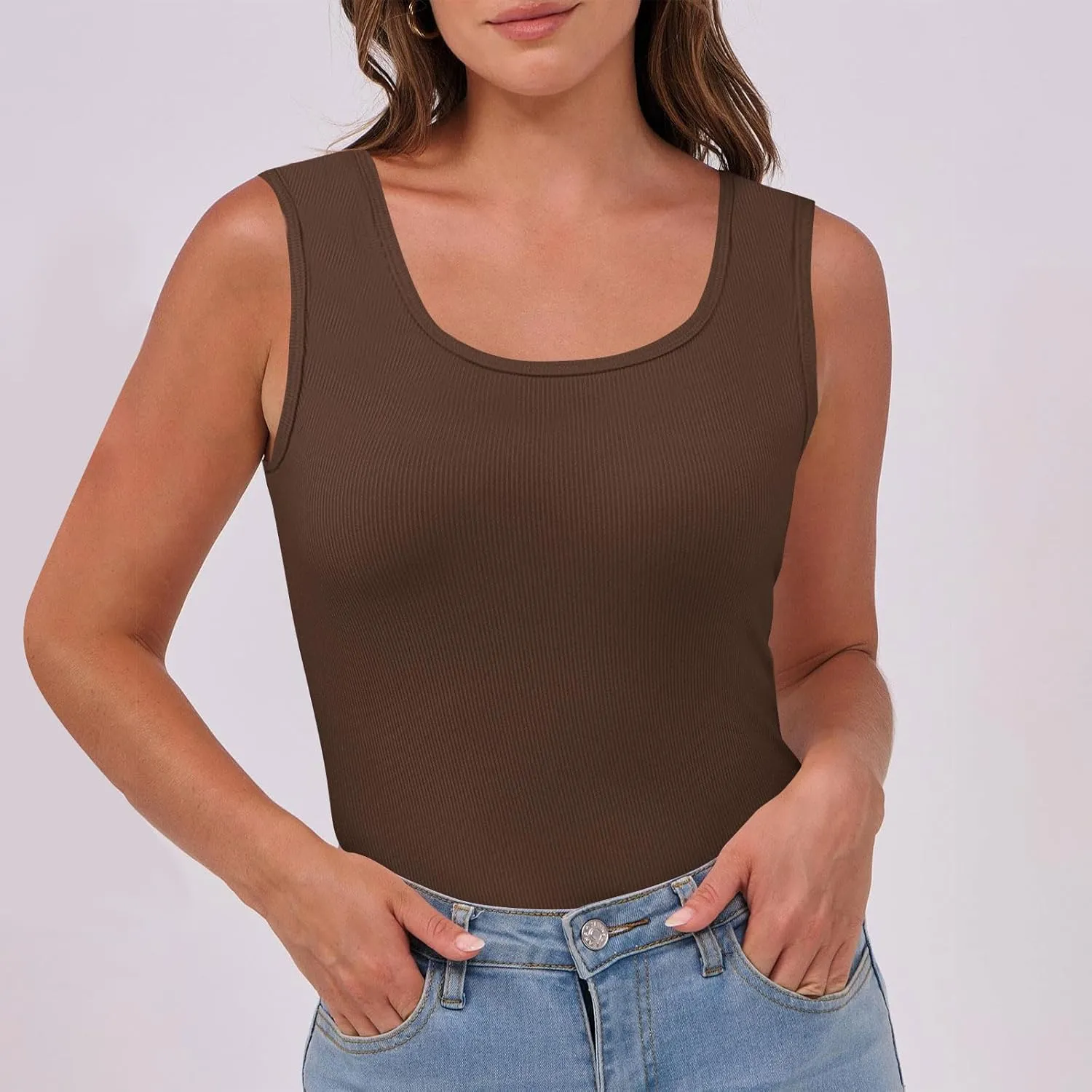 Women's Sleeveless Tank Tops Square Neck Ribbed Knit Tanks Slim Fit Basic Cami Shirts Workout Exercise Clothes
