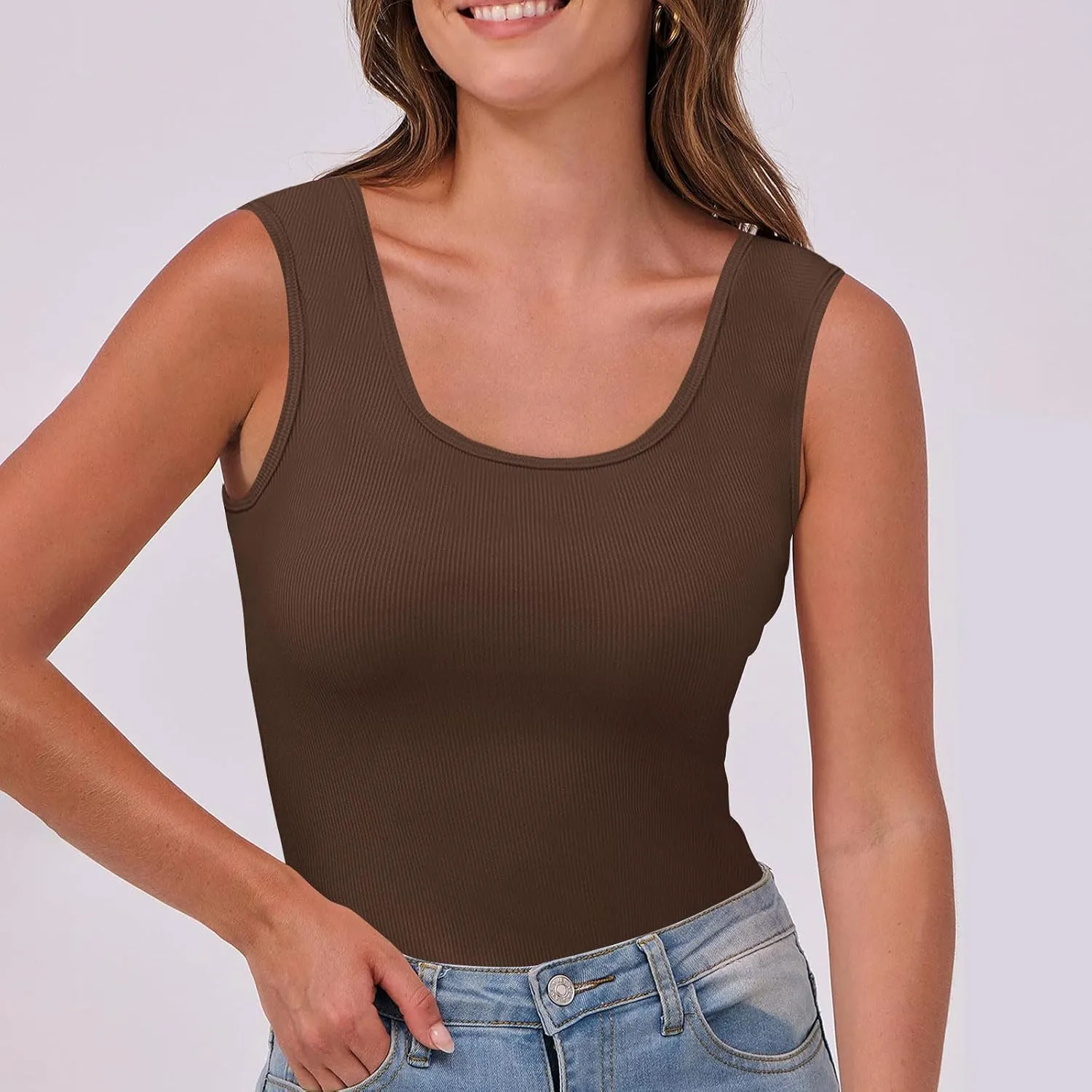 Women's Sleeveless Tank Tops Square Neck Ribbed Knit Tanks Slim Fit Basic Cami Shirts Workout Exercise Clothes